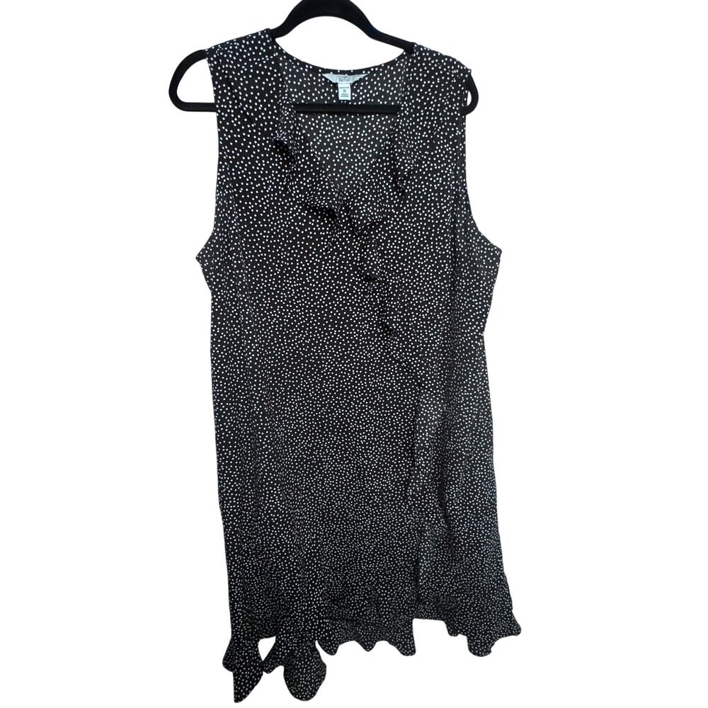 Asymmetric Ruffle Polka Dot Faux Wrap Midi Dress Black White Plus Sleeveless 2X